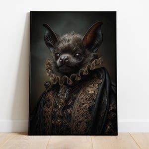 Gothic Bat Portrait,  Dark Fantasy Animal Art, Vampire Bat Wall Print, Renaissance Bat Poster, Baroque Bat Decor, Whimsical Gothic Creature
