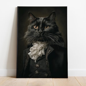 Gothic Cat Portrait, Black Cat in Suit Art, Victorian Cat Poster, Dark Academia Wall Print, Fantasy Animal Art, Baroque Cat Decor, Cat Noble