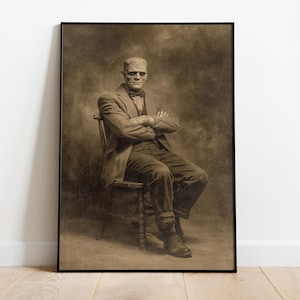 Frankenstein Portrait Poster, Sepia Retro Horror Art, Vintage Monster Gentleman Print, Gothic Wall Decor, Dark Academia Aesthetic,