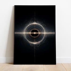 Puede incluir: Impresión artística abstracta enmarcada. La obra presenta un diseño circular brillante con líneas radiantes y un punto central de luz sobre un fondo negro. El marco negro realza el contraste. Ideal para la decoración.