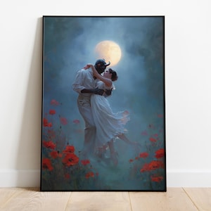 Póster de amor demoníaco, arte mural romántico gótico, impresión lunar de fantasía oscura, danza de un diablo y una mujer, obra de arte surrealista de pareja, estética witchcore