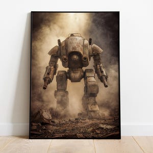 May include: Framed print of a large, weathered, mechanical robot standing in a smoky, rocky environment. The robot has two large cannons and a detailed, industrial design. The artwork is set against a neutral background.