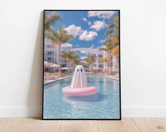 Poolside Ghost Art Print, Kawaii Summer Ghostcore Poster, Cute Spooky Pool Decor, Ghost on Float Wall Art, Pastel Goth Digital Art, Ghost
