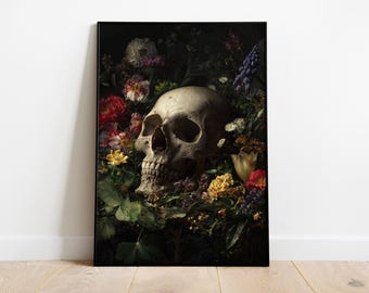 Skull and Flowers Art, Vanitas Wall Art, Gothic Floral Print, Dark Academia Poster, Macabre Decor, Baroque Skull Art, Memento Mori Print