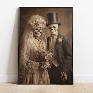 Skeleton Wedding Couple, Victorian Gothic Romance Print, Skull Bride and Groom Art, Dark Vintage Poster,Halloween Love Decor,Spooky Wall Art