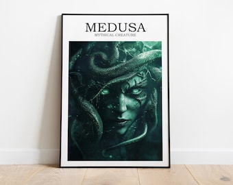 Arte de criaturas míticas de Medusa, decoración de fantasía, criatura de fantasía, arte de pared de fantasía, impresión de mitología griega, arte de pared de Medusa, póster de Medusa
