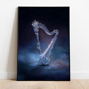 May include: A framed print featuring a detailed illustration of a harp. The harp is rendered in a shimmering, crystalline style, with intricate details and a flowing, ethereal design. The background is a dark, smoky blue.