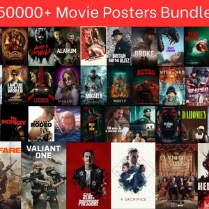 May include: A collection of movie posters, featuring various genres and titles. The image includes posters for films like "Banger", "Captain America", "Retro", and "Hell Hole". The text at the top reads "50000+ Movie Posters Bundle".