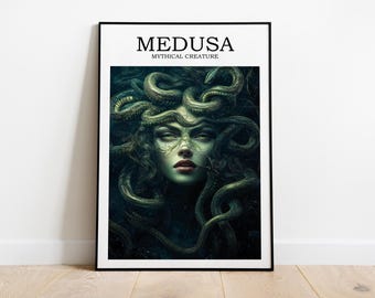 Arte de criaturas míticas de Medusa, decoración de fantasía, criatura de fantasía, arte de pared de fantasía, impresión de mitología griega, arte de pared de Medusa, póster de Medusa