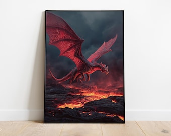 Fire Dragon Poster, Lava Dragon Wall Art, Flame Beast Print, Red Dragon Decor, Volcano Fantasy Artwork, Elemental Dragon Illustration
