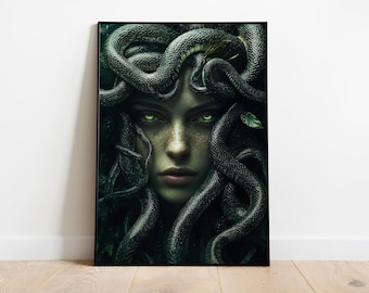 Arte de criaturas míticas de Medusa, decoración de fantasía, criatura de fantasía, arte de pared de fantasía, impresión de mitología griega, arte de pared de Medusa, póster de Medusa