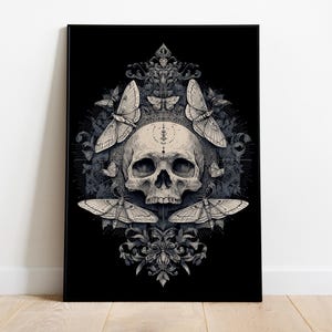 Gothic Skull Art Print, Moth and Skull Poster, Dark Wall Decor, Occult Illustration, Macabre Aesthetic, Vintage Skull Art, Gothic, Poster