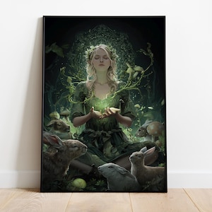Forest Witch Poster, Nature Magic Wall Art, Green Witch Decor, Woodland Sorceress Print, Animal Spirit Artwork, Earthy Fantasy Print, Witch