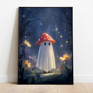 Pilz Geist Art Print, Kawaii Waldgeist Poster, Cottagecore Fairycore Wand Dekor, Gruselig niedlich Pilz Geisterkern Download, Gespenst