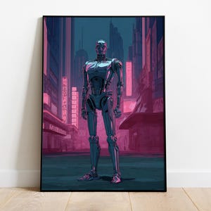Retro Futuristic Robot, Neon Humanoid Poster, Cyberpunk Wall Art, AI Robot Print, Synthwave Cityscape, Digital Sci-Fi Download, Robot Poster