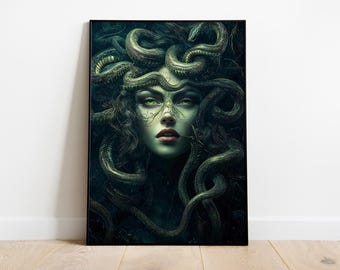 Arte de criaturas míticas de Medusa, decoración de fantasía, criatura de fantasía, arte de pared de fantasía, impresión de mitología griega, arte de pared de Medusa, póster de Medusa