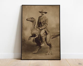 Dinosaurus cowboy poster, westerse dino kunst, grappige vintage muur print, Raptor Rider kunst, retro cowboy decor, wilde westen dinosaurus poster, prop cadeau