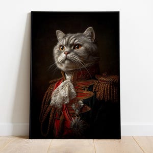 May include: A framed portrait of a gray cat with yellow eyes, dressed in a military uniform with red and gold accents. The cat's expression is regal, and the artwork is set against a dark background.