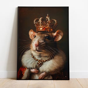ネズミの王の肖像画、ヴィンテージの王室ネズミの版画、愉快な高貴な動物のアート、バロック風のげっ歯類のポスター、ファンタジー風のネズミの装飾、王冠をかぶったネズミ、ゴシック風のネズミのアート