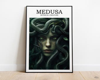 Arte de criaturas míticas de Medusa, decoración de fantasía, criatura de fantasía, arte de pared de fantasía, impresión de mitología griega, arte de pared de Medusa, póster de Medusa