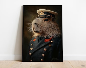 Poster ritratto capibara, arte animale militare, stampa capibara vestita, decorazione murale divertente, illustrazione animale stravagante, regalo unico, capibara