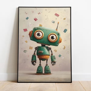 May include: A framed art print featuring a whimsical green robot with large, expressive eyes. The robot is surrounded by floating books and papers, creating a playful and educational theme. The artwork is set against a soft, neutral background.