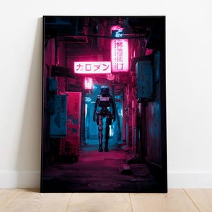 Cyberpunk Robot Print, Futuristic Alley Poster, Neon Sci-Fi Wall Art, Minimal Tech Decor, Dark AI Aesthetic, Digital Cityscape
