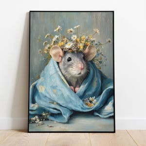 Flower Crown Rat Print, Whimsical Rat Portrait, Fantasy Animal Wall Art, Floral Mouse Poster, Blue Blanket Rat Art, Cute Gothic Decor, Rat
