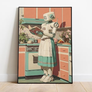 Arte de cocina robot retro, impresión vintage de robot ama de casa, póster de robot de mediados de siglo, decoración retro futurista, arte mural de ama de casa con IA, póster de robot