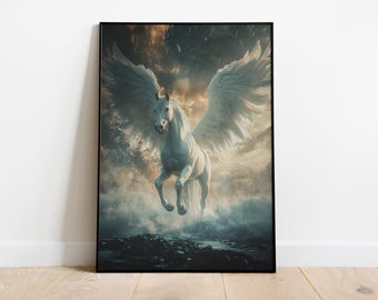 Pegaz Mityczne Stworzenia Sztuka, Dekoracja Fantasy, Stworzenie Fantasy, Sztuka Ścienna Fantasy, Wydruk Mitologii Greckiej, Sztuka Ścienna Pegaza, Plakat Pegaza