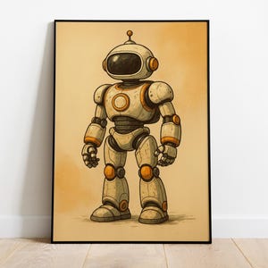 Impresión vintage de robot infantil, póster retro de robot, arte mural de robot de dibujos animados, decoración de ciencia ficción para guardería, ilustración de robot, descarga digital, robot