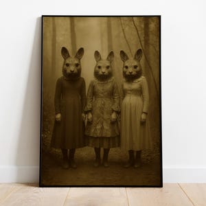 Rabbit Mask Women Print, Victorian Horror Poster, Gothic Bunny Cult Art, Dark Forest Wall Decor, Surreal Vintage Photo, Spooky Aesthetic