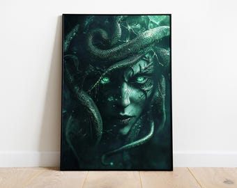 Arte de criaturas míticas de Medusa, decoración de fantasía, criatura de fantasía, arte de pared de fantasía, impresión de mitología griega, arte de pared de Medusa, póster de Medusa