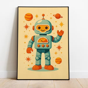 Cute Robot Kids Poster, Space Robot Wall Art, Cartoon AI Print, Nursery Sci-Fi Decor, Happy Robot Illustration,Digital Download,Robot Poster