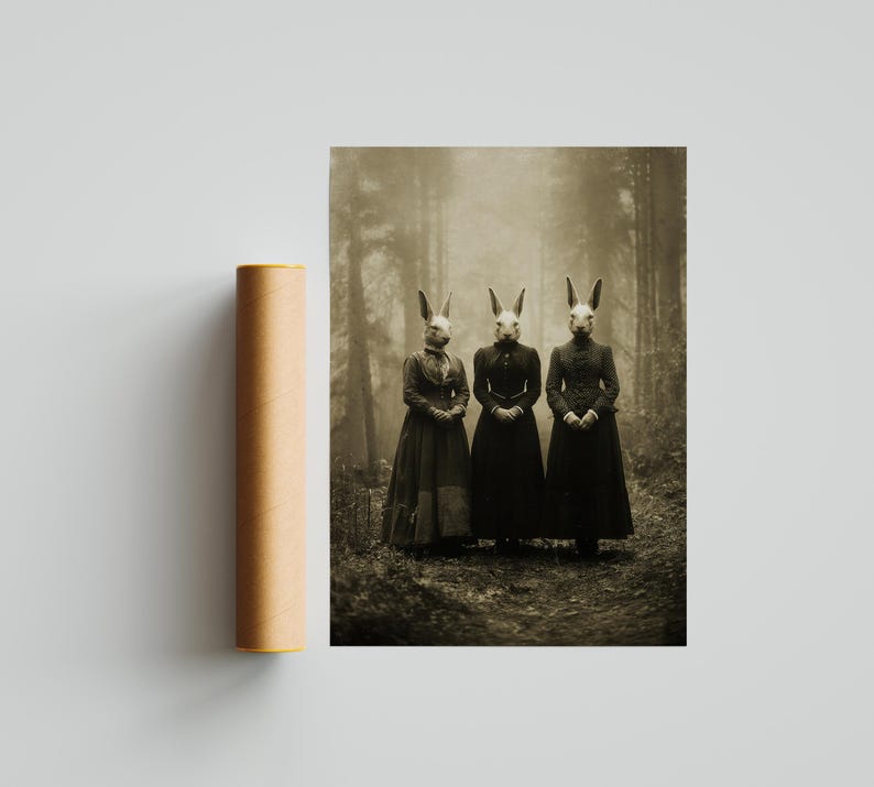 Rabbit Mask Women Print, Victorian Horror Poster, Gothic Bunny Cult Art