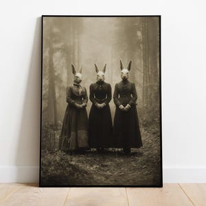 Rabbit Mask Women Print, Victorian Horror Poster, Gothic Bunny Cult Art, Dark Forest Wall Decor, Surreal Vintage Photo, Spooky Aesthetic