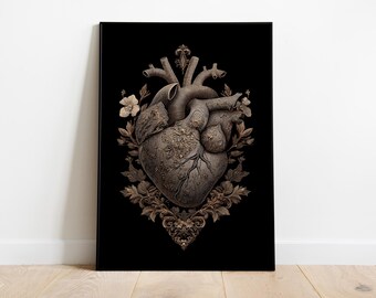 Anatomical Heart Print, Gothic Heart Poster, Dark Floral Art, Victorian Heart Decor, Medical Art Print, Gothic Wall Download, Gothic Anatomy
