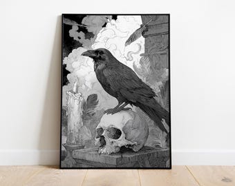 Schädel Rabe Gothic Druck, Dunkle Krähe und Schädel Kunst, Edgar Allan Poe inspirierte Wanddekoration, Makabre Tinte Poster, Hexe Ästhetische Kunst, Digitale Datei