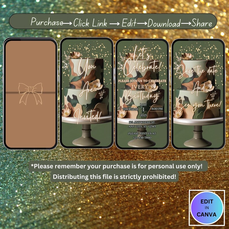 May include: A digital invitation template featuring a camouflage patterned cake and the text "Let's Celebrate!" Please join us to celebrate Ivery's Birthday. Thursday, 1 May 2025, 5:00 PM. 12 Anywhere St, Any City, ST 12345. Please RSVP to 123456-7800.