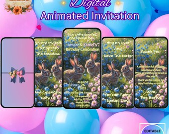 Animated Twin Bunnies Birthday Invitation: Floral Design (Digital Download MP4 Video Invite)