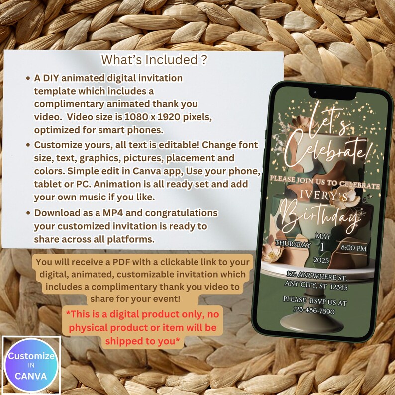 May include: A digital invitation template for a birthday party. The invitation features a green background with a phone screen displaying a multi-layered cake with flowers and the text "Let's Celebrate!" and "Ivery's Birthday".