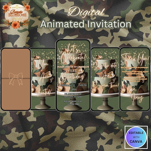 Animated Camo Floral Birthday Invitation: Military Video Evite (Digital Download)