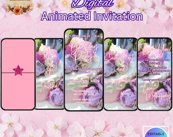 Animated Floral Birthday Cake Invitation: Elegant Digital Evite (Canva Template)