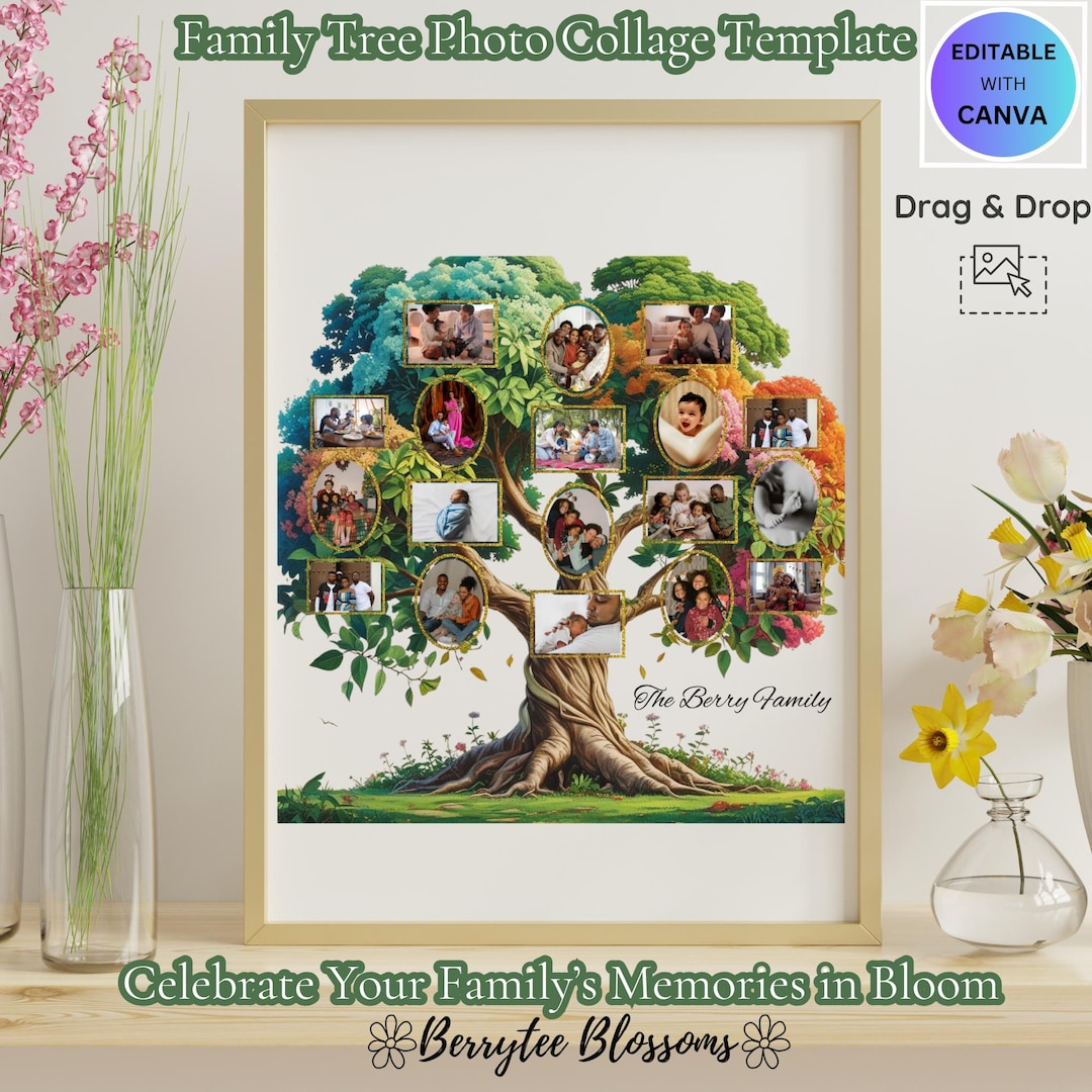 Floral Family Tree Photo Collage Template: Editable Canva Design ...