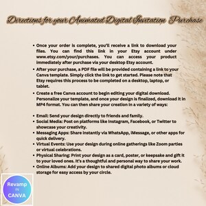 May include: A white background with black text outlining the steps to download and edit an animated digital invitation. The text includes the words "Directions for your Animated Digital Invitation Purchase" and "Revamp in Canva".
