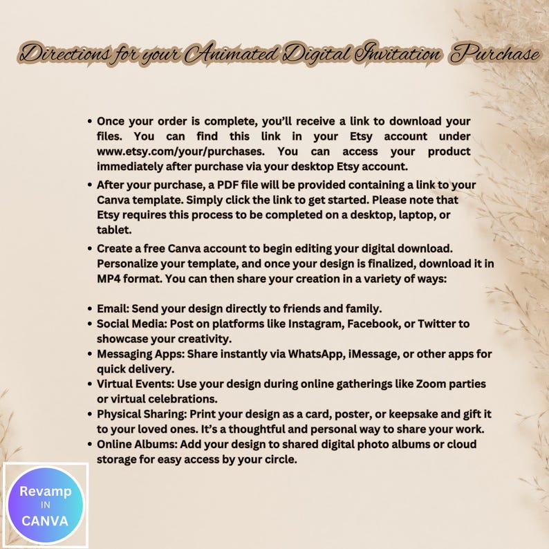 May include: A white background with black text outlining the steps to download and edit an animated digital invitation. The text includes the words "Directions for your Animated Digital Invitation Purchase" and "Revamp in Canva".