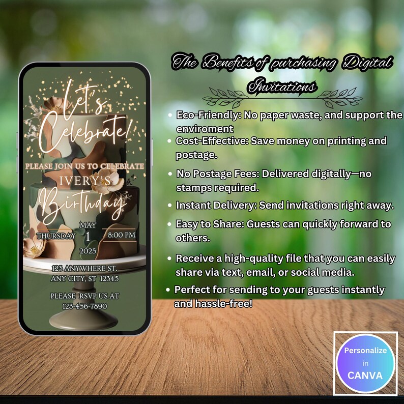 May include: A digital invitation template for a birthday party. The invitation features a green and brown camouflage pattern with a cake and the text "Let's Celebrate!" and "Ivery's Birthday". The invitation also includes the date, time, and location of the party. The text "The Benefits of purchasing Digital Invitations" is displayed on the right side of the image, with a list of benefits, including eco-friendly, cost-effective, no postage fees, instant delivery, easy to share, and perfect for sending to your guests instantly and hassle-free.