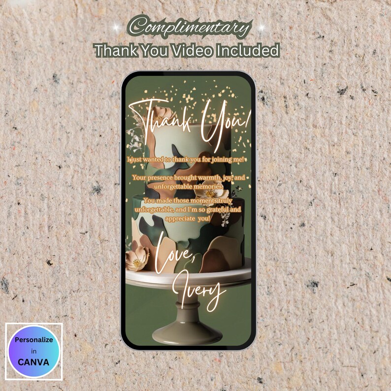 May include: A green and brown camouflage patterned cake with the words "Thank You!" and "Love, Ivery" on it. The cake is on a white cake stand. The background is a green and gold glitter pattern.