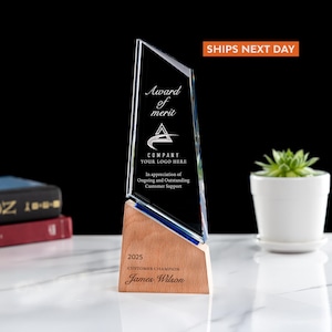 May include: A clear glass award with a wooden base. The award has the text "Award of merit", "COMPANY YOUR LOGO HERE", and "In appreciation of Ongoing and Outstanding Customer Support". The base has the text "2025 CUSTOMER CHAMPION James Wilson".