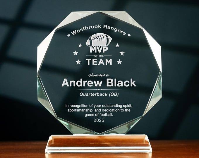 Personalized Football MVP Glass Award, Gift for the Most Valuable Player, Custom Sports Achievement Crystal Trophy